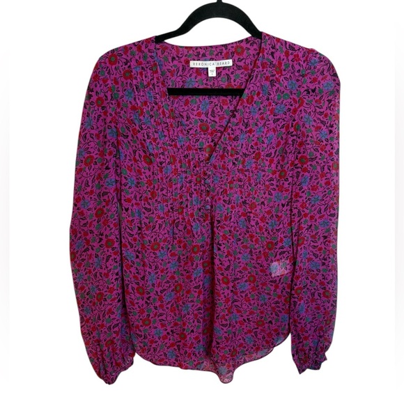 Veronica Beard Ashlynn Fuchsia Floral Silk Pintuck Blouse - Picture 2 of 9
